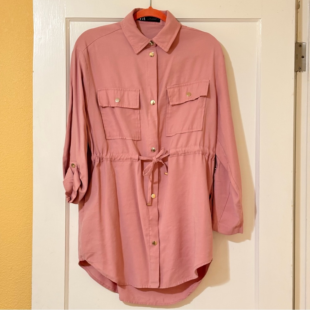 Zara Utility Shirt Dress Tunic Blush Pink Viscose Blend Pockets Size S